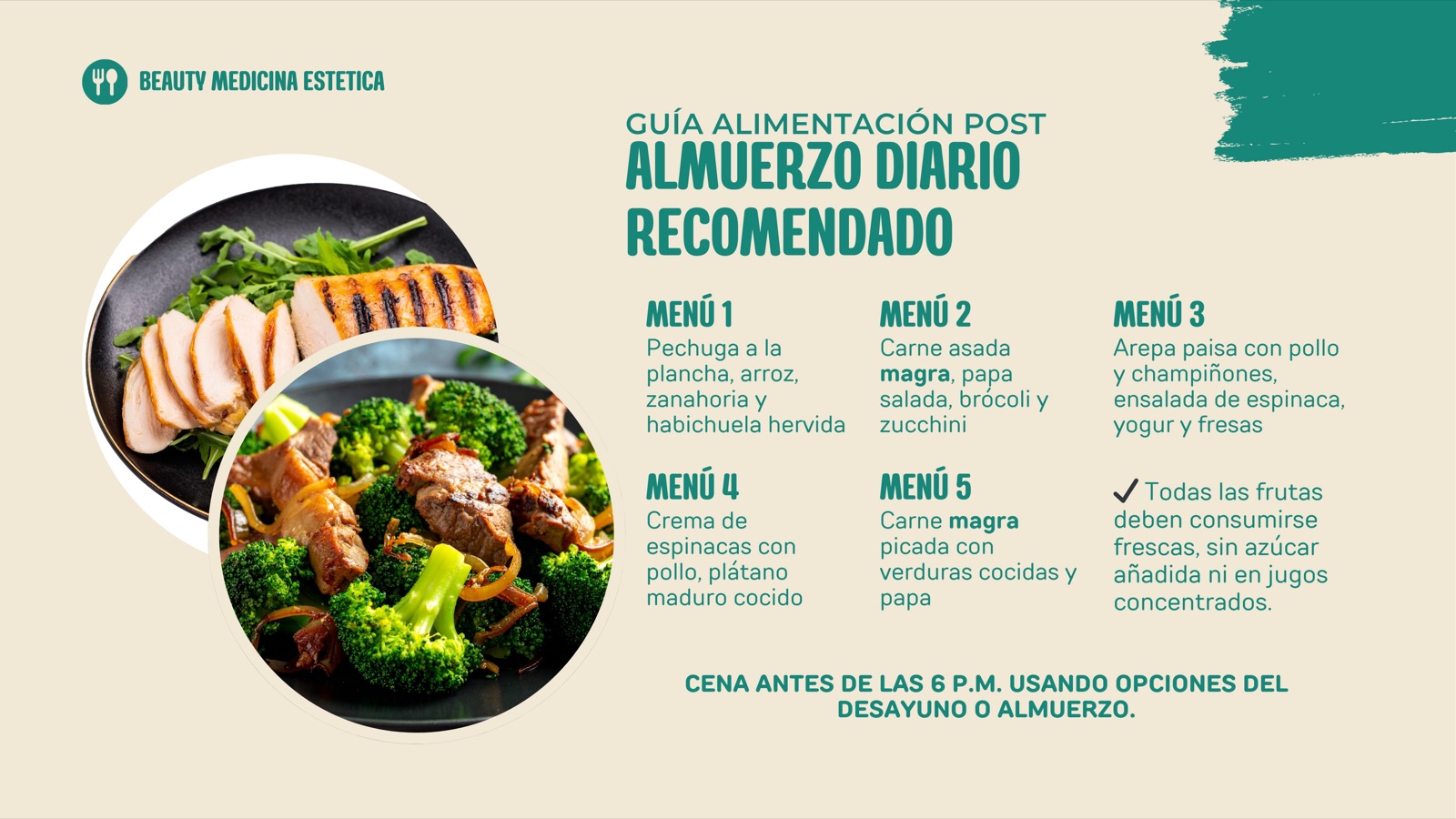 Menú de almuerzos recomendados: pechuga a la plancha con vegetales y carne magra con brócoli