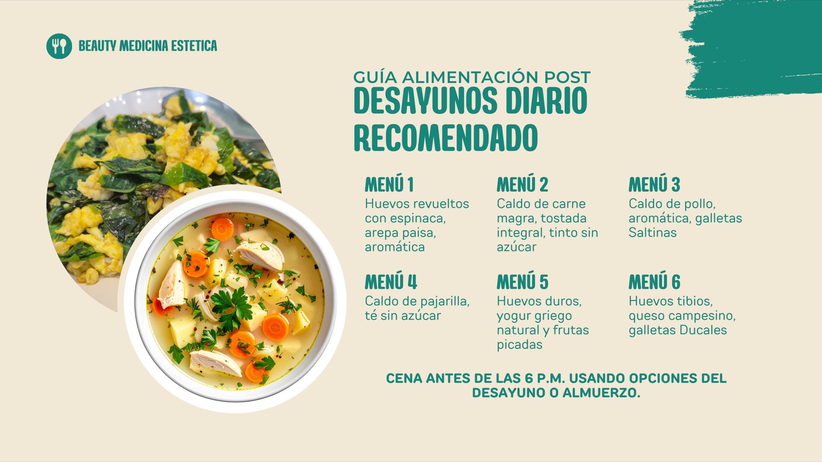 Menú de desayunos recomendados: huevos revueltos con espinaca y caldo de pollo con verduras